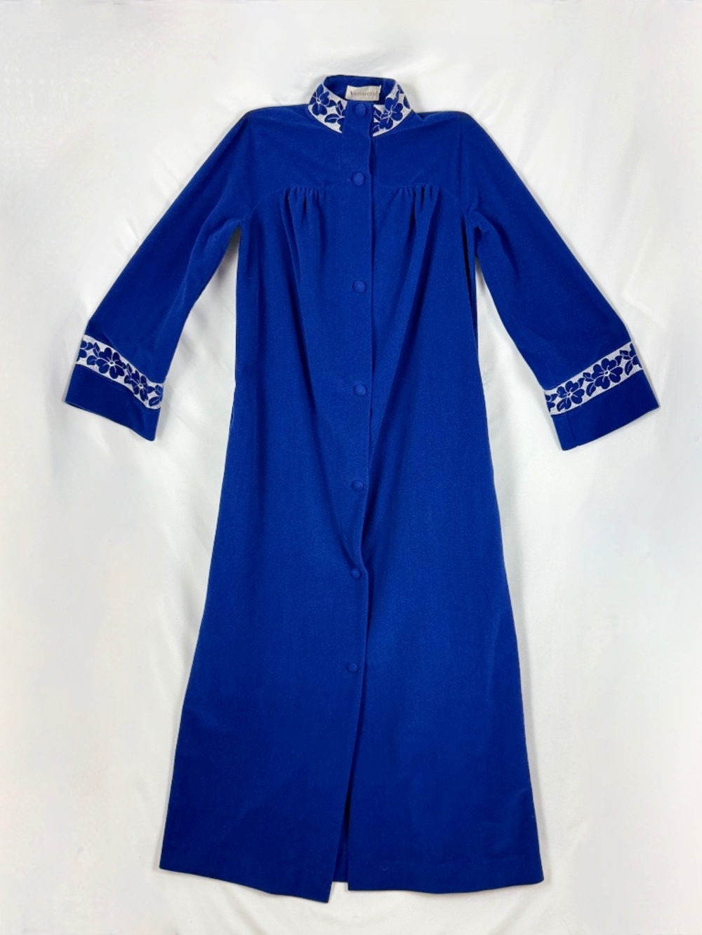 Vintage 1968 Vassarette Blue Long Robe S/M Housedress Velour Juliet Collar USA